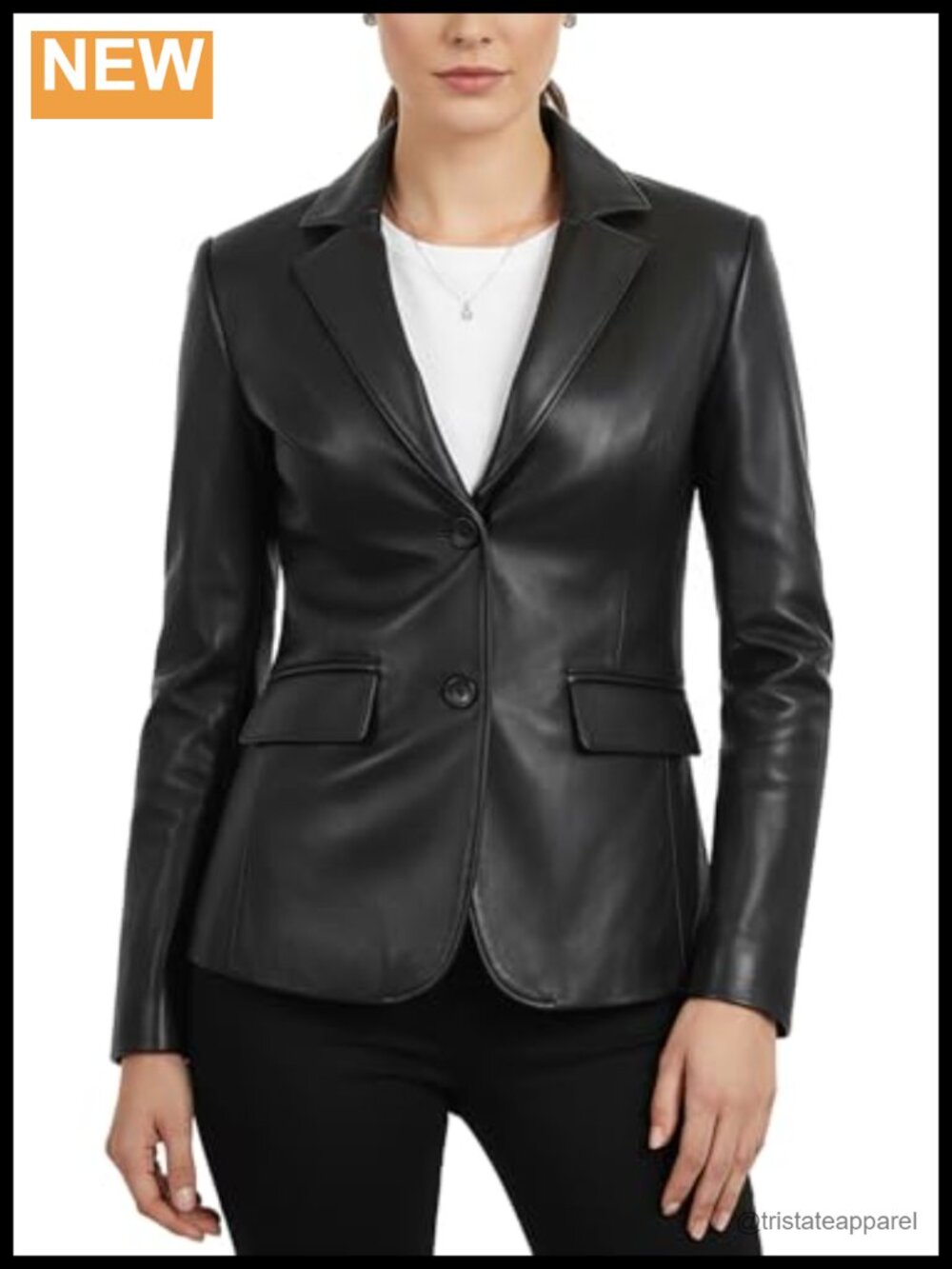Womens Real Lambskin Leather Blazer Business Casual 2-Button Long Sleeve Notch